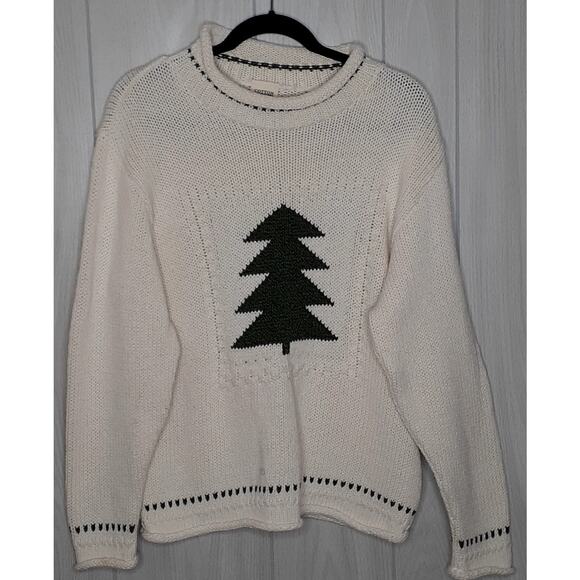 Vintage Ladies Cotton Country Parkhurst Sweater Large Pine Tree White & Green - Picture 1 of 7